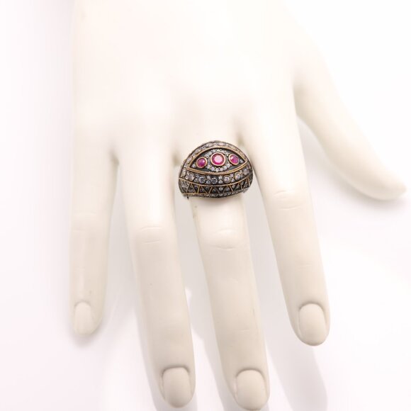 Vintage silver dome ring mix cx stones finger size 8.5 Indian Statement ring - Picture 6 of 7